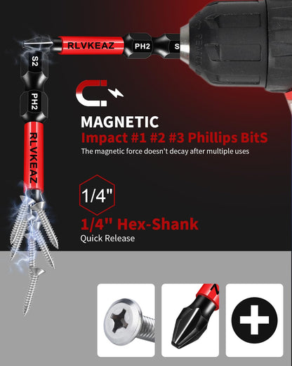 10-Pack Phillips Bits #1#2#3 Impact Magnetic, 2 Inch Phillips Head Drill & Screwdriver Bits Set, Premium S2 Steel, 1/4" Hex-Shank, (PH1/PH2/PH3) for Power Drill, Professional & DIY