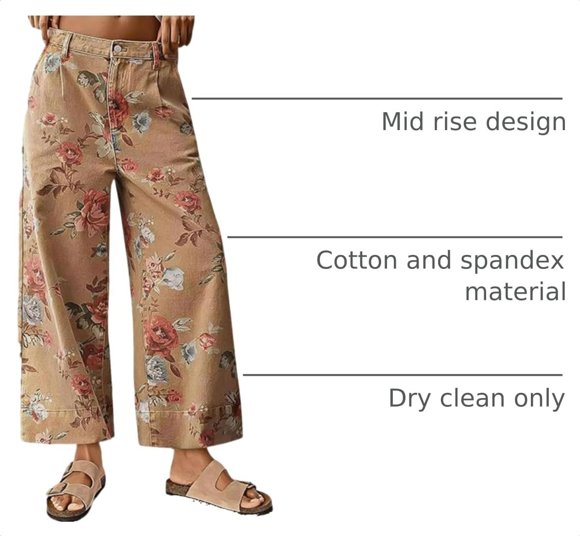 FLAMINGALS Women Mid Rise Cropped Wide Leg Jeans Baggy Floral Ankle Pants Denim Capris Flare Print Boho Palazzo Jeans Boyfriend