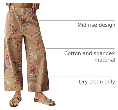 FLAMINGALS Women Mid Rise Cropped Wide Leg Jeans Baggy Floral Ankle Pants Denim Capris Flare Print Boho Palazzo Jeans Boyfriend