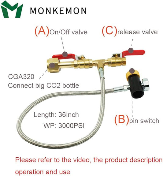 CGA320 CO2 Cylinder Refill Adapter Hose, CO2 Refill Station Connector Kit for Filling Blue Soda-maker Tank(CGA320 to TR21-4, Dual Valve with Gauge) (36 Inch)
