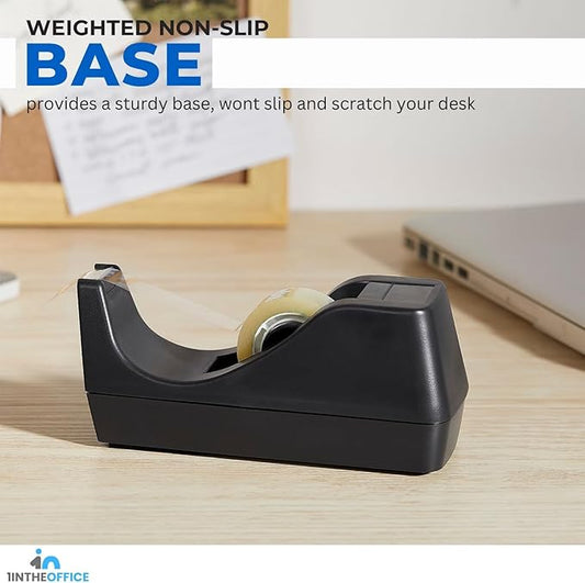 1InTheOffice Desk Tape Dispenser, Black Non-Skid Base Desktop Tape Dispenser Weighted (2 Pack)