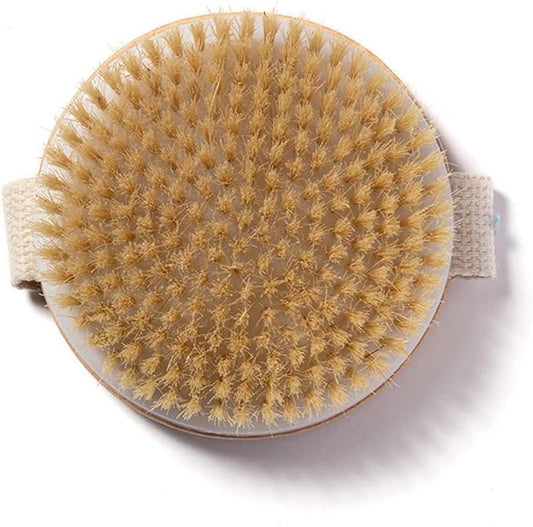 Round Wooden Natural Bristles Dry Bath Body Brush, Dia4.3Au Handheld Shower Brush Back Scrubber for Exfoliating, Cellulite and Detox, etc.
