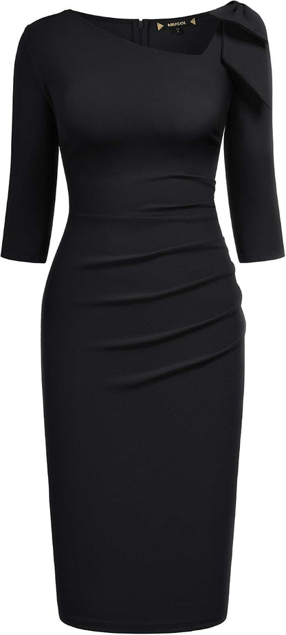 Miusol Women's 1950s Style Bow 2/3 Sleeve Business Pencil Dress .