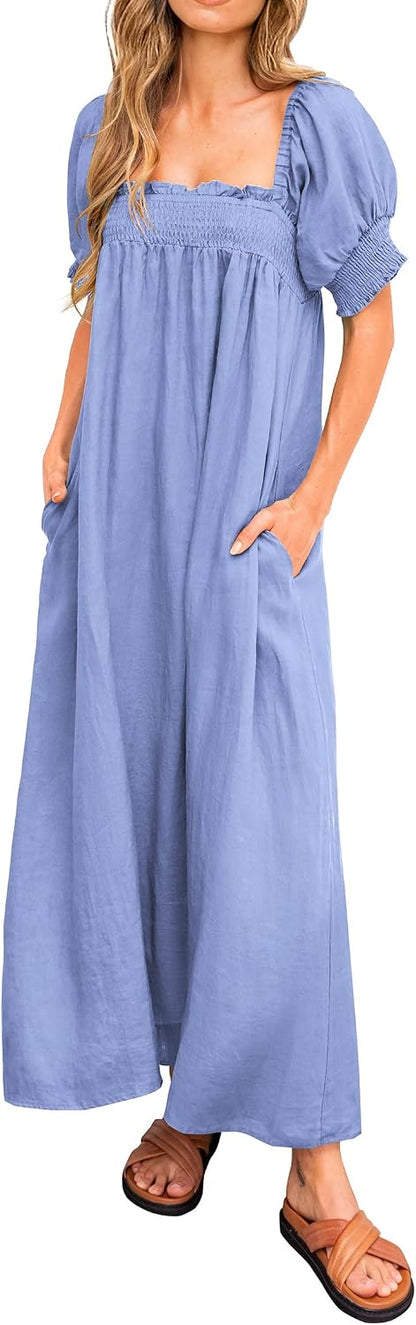 KIRUNDO Women 2026 Summer Maxi Dress Casual Loose Puff Sleeve Square Neck Maternity Flowy Long Beach Dresses with Pockets