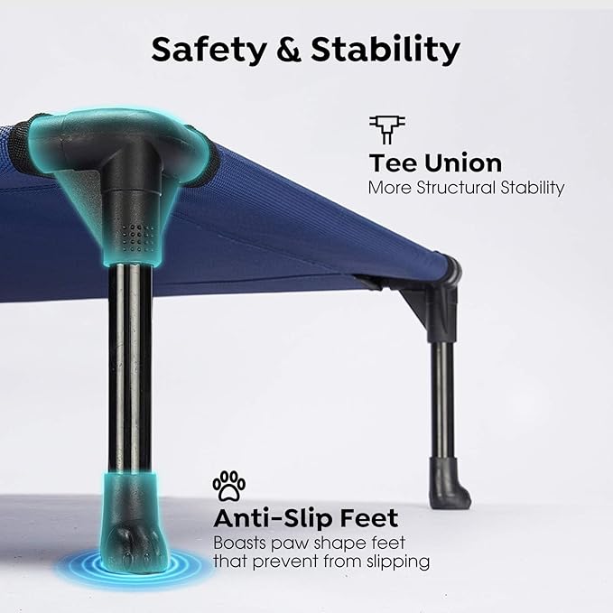 Veehoo Outdoor Elevated Dog Cot Bed, Cooling Raised Pet Bed for X-Large Dog, Washable Breathable Mesh Hammock Bed with No-Slip Feet, Indestructible Ground Off Training Platform Cot-49"x33" Blue
