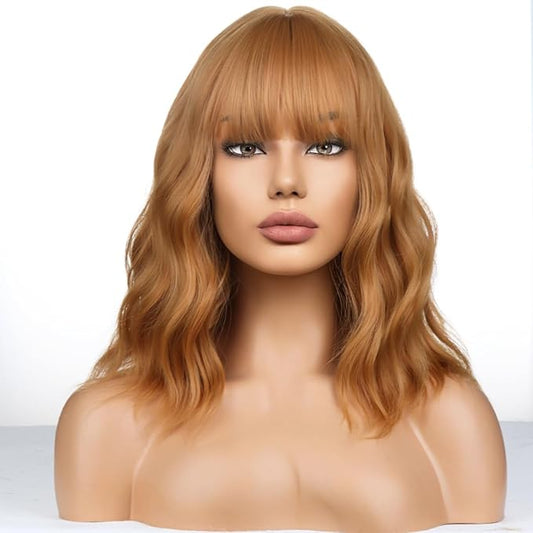 Strawberry Blonde Wig Short Bob Wig Short Curly Wavy Wig With Bangs for Women Girls Blonde Wig Heat Resistant Synthetic Hair Wigs for Daily Use Cosplay Wig With Wig Cap