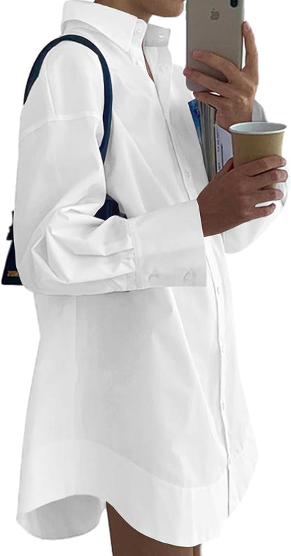 Versatile shirt dress with v-neck, button-down, and soft fabric for everyday comfortable and fashionable wear. Check it out on -