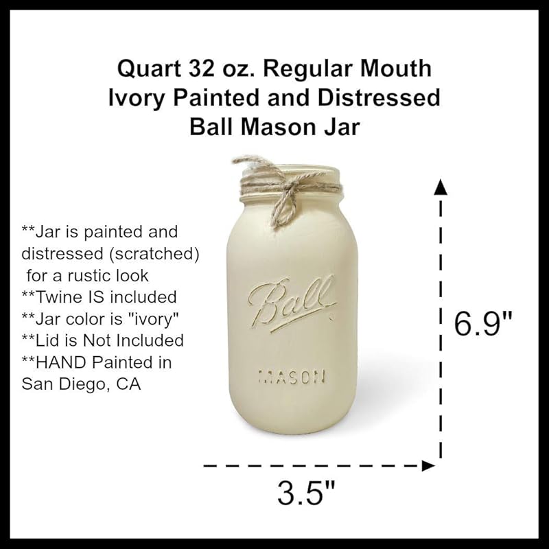 Ivory - Hand Painted and Distressed Mason Jar - Quart 32 oz. Regular Mouth, Rustic Farmhouse Painted Mason Jars, Vase For Wedding Centerpiece, Painted Mason Jar Quart, Rustic Mason Jars for Wedding