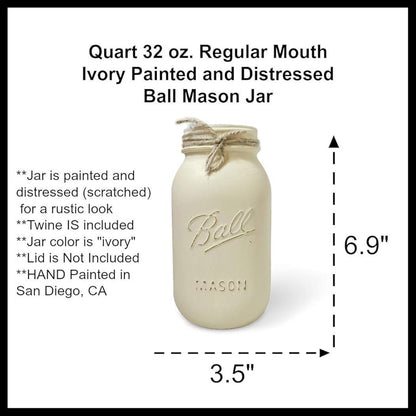 Ivory - Hand Painted and Distressed Mason Jar - Quart 32 oz. Regular Mouth, Rustic Farmhouse Painted Mason Jars, Vase For Wedding Centerpiece, Painted Mason Jar Quart, Rustic Mason Jars for Wedding