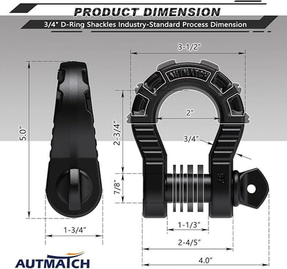 AUTMATCH D Ring Shackles 34" Mega Shackle (2 Pack) 68,000Ibs Break Strength - Clevis Shackle 78" Screw Pin, D Shackle IsolatorWasher Kit for Tow Strap Winch Off Road Vehicle Recovery, Frosted Black