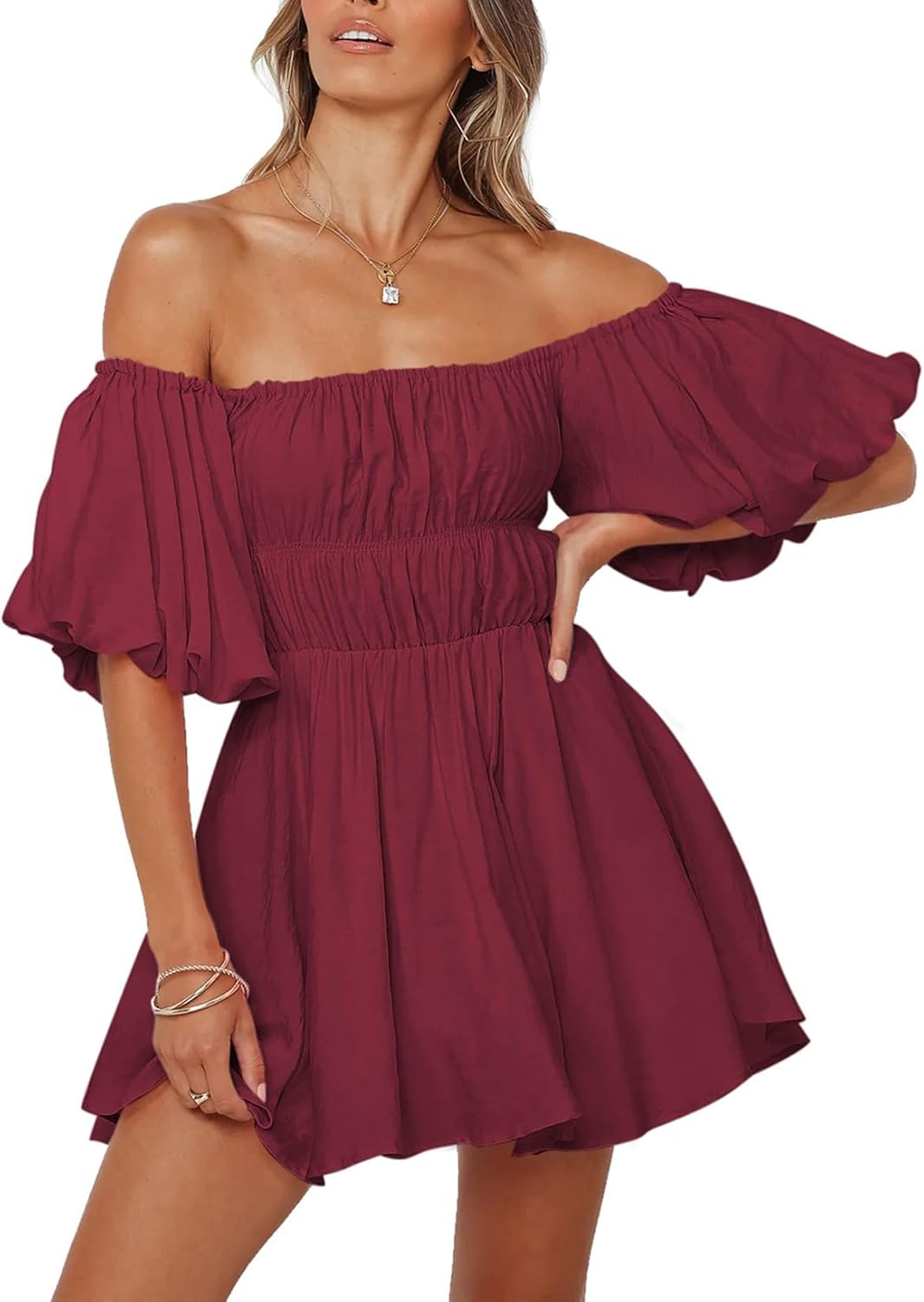 Dokotoo Womens Off The Shoulder Elastic Waist Summer Dresses | Ruffle,A-Line,Square Neck,Lantern Sleeve,Wedding Guest,Bohemian,Beach Vacation,Sundresses,Casual,Pirate Dress