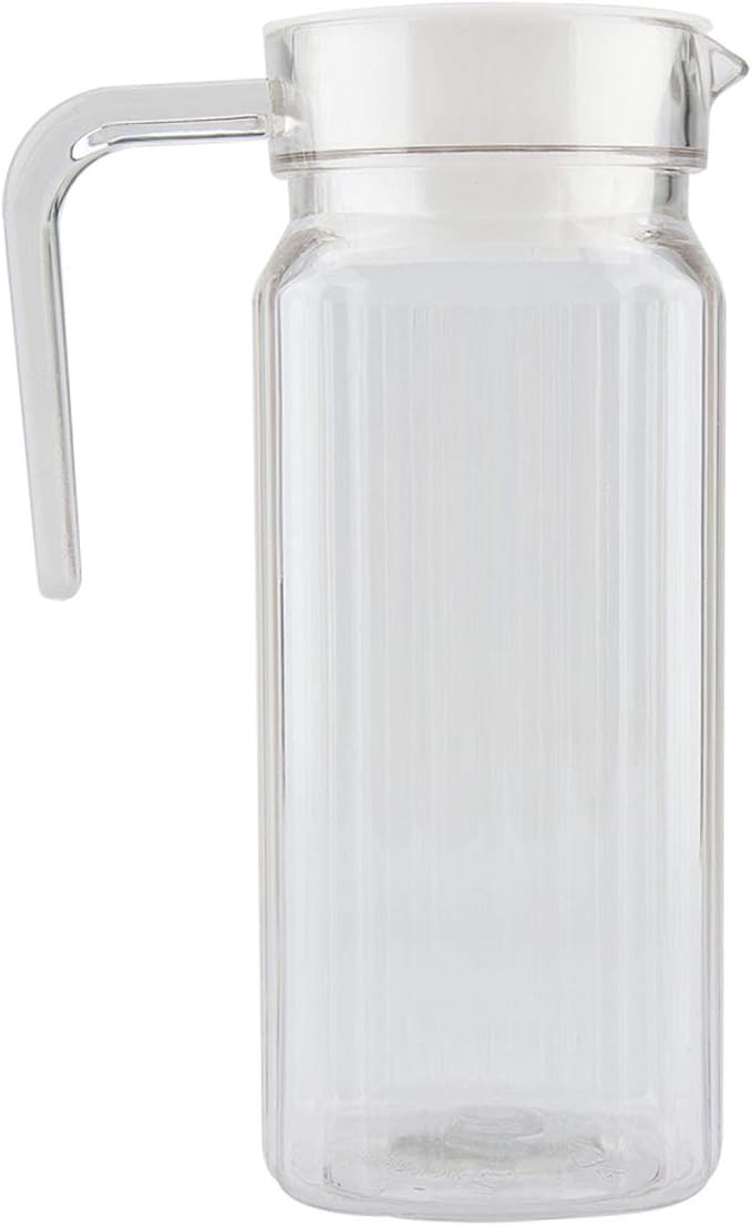 Acrylic Beverage Drink Pitcher with Lid and Handle Ribbed Striped Bottle Glassware Drinkware Water Ice Cold Dispenser for Bar Home Application(800ml)