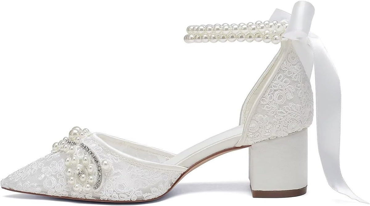 Lace Pearl Wedding Shoes for Bride Block Heel Bridal Shoes Closed Toe Wedding Heels.