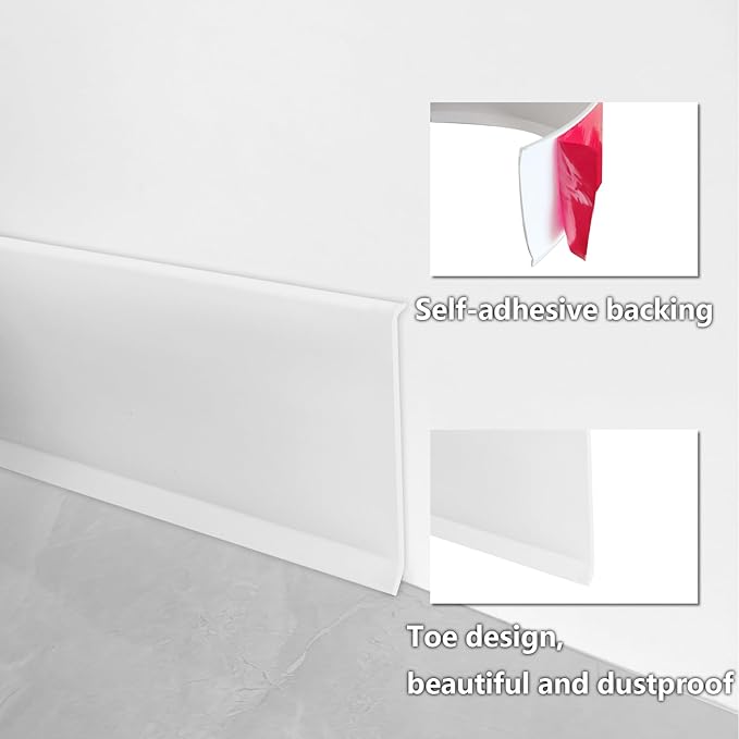 Flexible Baseboard Molding Trim 4Inch x 10Feet White Vinyl Wall Base Self-Adhesive, Peel and Stick Baseboard Molding Rubber Baseboard, Peel and Stick Trim Molding Baseboard Trim(4in x 10ft, White)