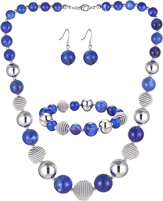 PEARLCLUB Beaded Chunky Statement Necklace Earring and Bracelet Set Silver Metal Bead Fashion Jewelry Set Mothers Day Gifts for Women