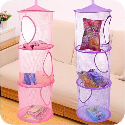 Mesh Hanging Storage Basket With 3 Compartments Foldable Hanging Storage Organizer Net Bag for Toys Storage, Space Saver Sundries Clothes Bra Underwear Socks Drying Basket Laundry Hamper (Pink)