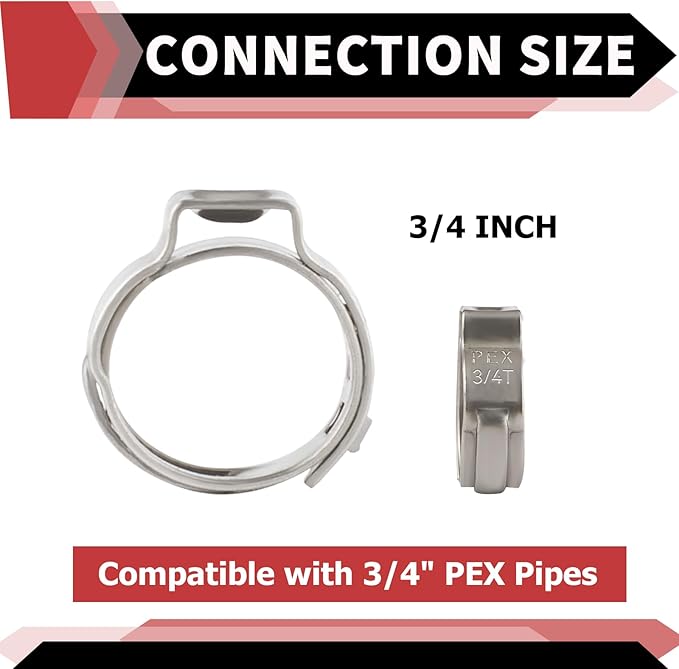 EFIELD - 34 Inch PEX Stainless Steel Clamp Rings (200 Pack) for Metal PEX Pipe Connection
