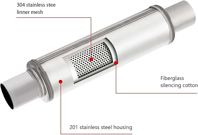 A-KARCK 4" Inlet Exhaust Resonator, 4" Inlet 4" Outlet 30" Overall Length Muffler Resonator Stainless Steel