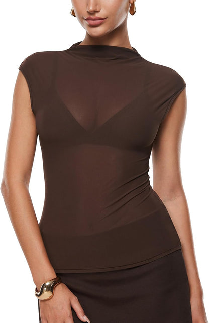 INLYRIC Women's Mesh Mock Neck Tank Tops | Single Layer, Turtle Neck, See Through, Sleeveless, Sexy, Summer, Going Out.