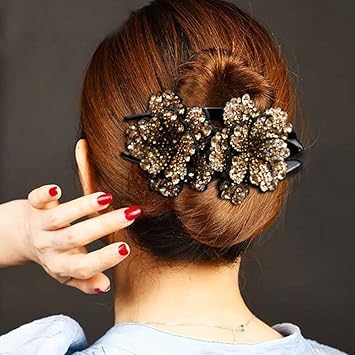Rhinestone Double Flower Hair Clip,Crystal Duckbill Clip Hairpin with Teeth Non-Slip Women Hair Dovetail Clips for Thick Long Hair Accessories(I)