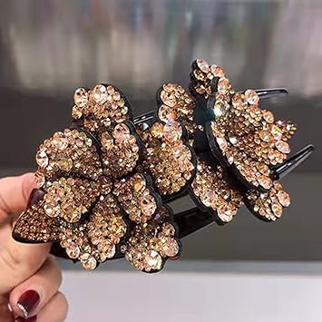 Double Flower Rhinestone Hair Clip Non-Slip Women Elegant Duckbill Clip Hair Dovetail Clips Hair Claw for Thick Long Hair Accessories(B)