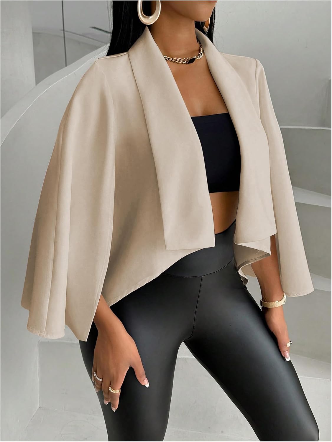 OYOANGLE Women's Cape Long Sleeve Cropped Blazer Jacket Open Front Solid Elegant Trendy Cardigan Coats.