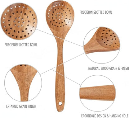 Solid Wood Cooking Utensil Set with Clear Lacquer Finish for Non-Stick Cookware, Natural Brown Kitchen Tools