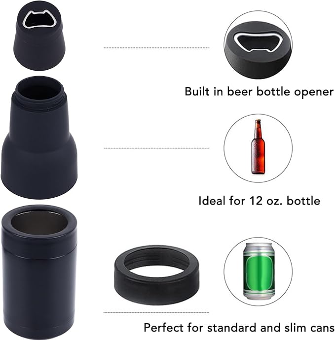Stainless Steel Beer Can Cooler, 3 in 1 Frosty Beer Bottle Insulated Vacuum Cup Cooler with Beer Opener Cans Coffee Accessories for Bottle Cool 12oz