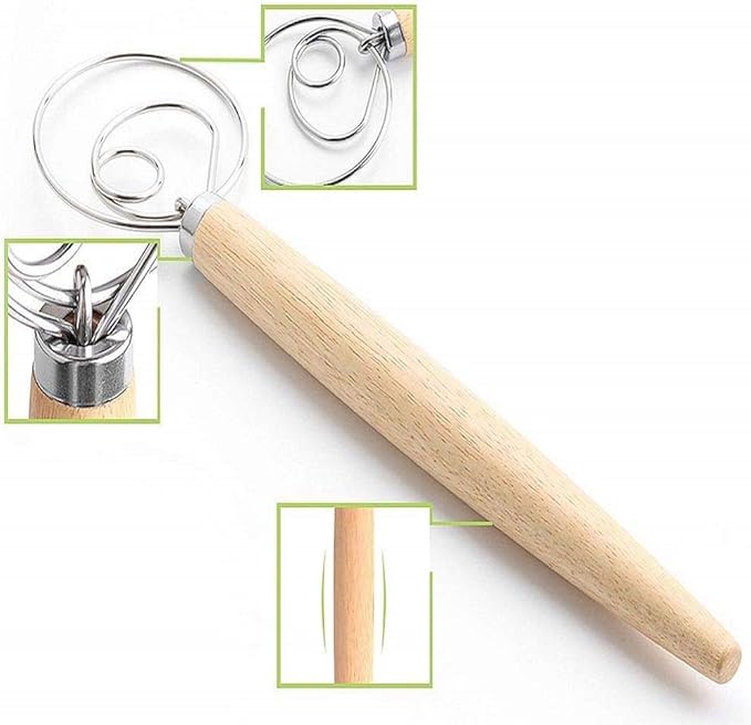 Danish Dough Whisk Bread Making Tools Stainless Steel Danish Dough Hook Bread Dough Mixer Hand Bread Dough Whisk for Pastry, Baking Cake, Dessert, Sourdough, Pizza, with Wooden Handle, 13 inch