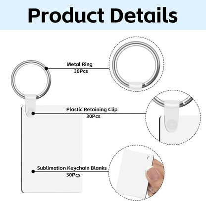 90Pcs Sublimation Keychain Blanks,Blank Keychains MDF Double Sides Rectangle Round Keychains Blanks with Rings Clips