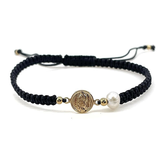 Our Lady of Guadalupe Medal and Dainty Cultured Fresh Father Pearl Adjustable Red String Bracelet Pulsera de la Virgen de Guadalupe para Mujeres (Black)