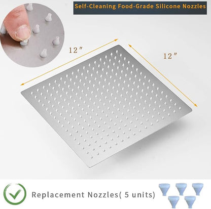 12 Inch Rain Shower Head, 12" Square Rainfall & High Pressure Stainless Steel Bath Shower Head, 1/16" Ultra Thin, Waterfall Full Body Coverage with Silicone Nozzle, Non Fingerprint Brushed Finish