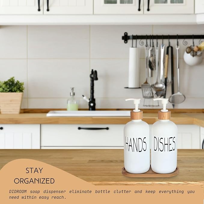 Glass Soap Dispenser Set - Hand Soap and Dish Soap Dispenser with Bamboo Tray. Vintage Soap Dispenser with Pump for Kitchen Sink and Bathroom. Stylish Permanent Labels (Matte White)