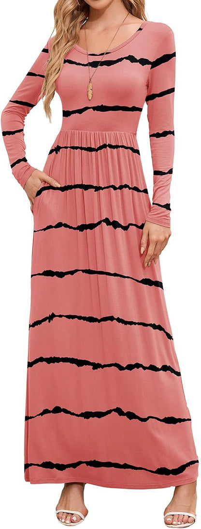 Small Pink Camouflage DEARCASE Women's Maxi Dress Long Sleeve Crewneck Loose Plain Casual Empire Waist Fall Party Long Dresses with Pockets