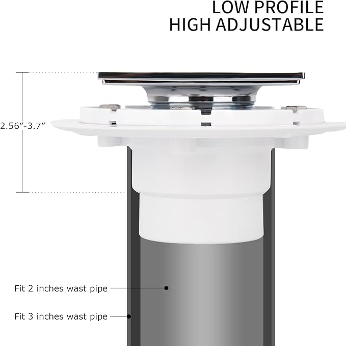 Chrome 4 Inch Square Shower Drain with PVC Flange for 2 or 3 Inch Pipe - Low Profile 304 SS Shower Floor Drain Kit with Hair CarcherCUPC - Strainer for Bathroom,Laundry Room