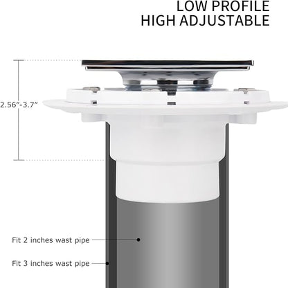 Chrome 4 Inch Square Shower Drain with PVC Flange for 2 or 3 Inch Pipe - Low Profile 304 SS Shower Floor Drain Kit with Hair CarcherCUPC - Strainer for Bathroom,Laundry Room