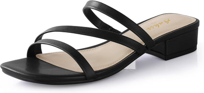 Ankis Black Nude White Strappy Heels Women 1 Inch Low Chunky Block Heel Heeled Sandals Square Open Toe Slip On Slides Mules