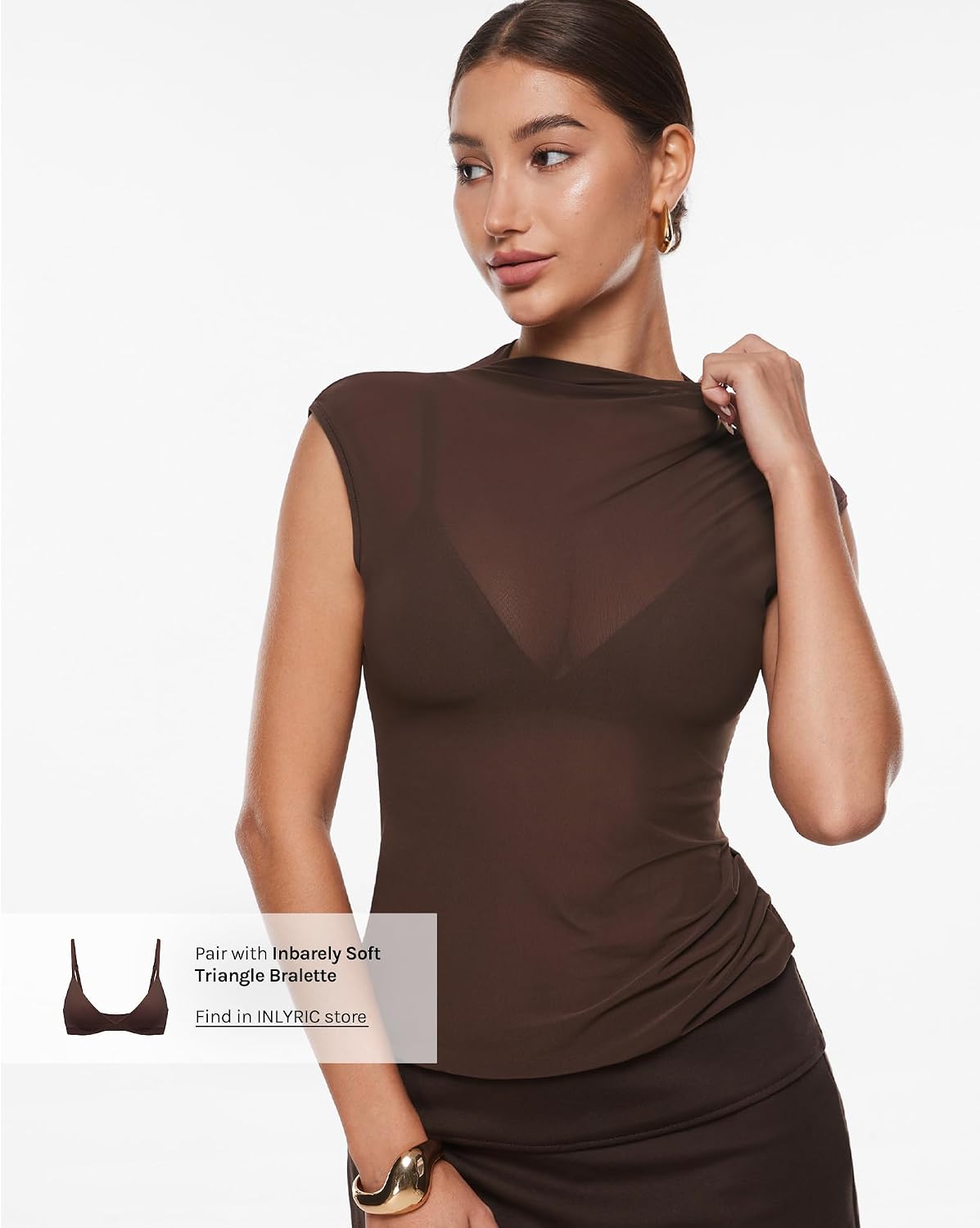 INLYRIC Women's Mesh Mock Neck Tank Tops | Single Layer, Turtle Neck, See Through, Sleeveless, Sexy, Summer, Going Out.