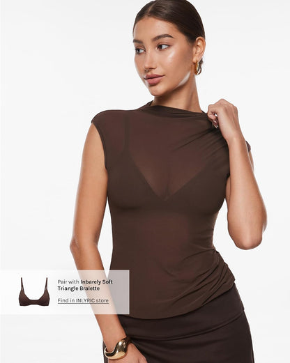 INLYRIC Women's Mesh Mock Neck Tank Tops | Single Layer, Turtle Neck, See Through, Sleeveless, Sexy, Summer, Going Out.