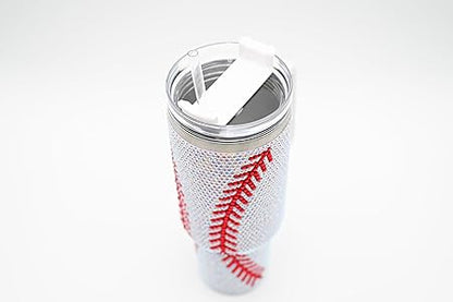 40 Oz Rhinestone Bling Tumbler Cup with Handle and Straw (BASEBALL), Stainless Steel and Double Wall Insulated