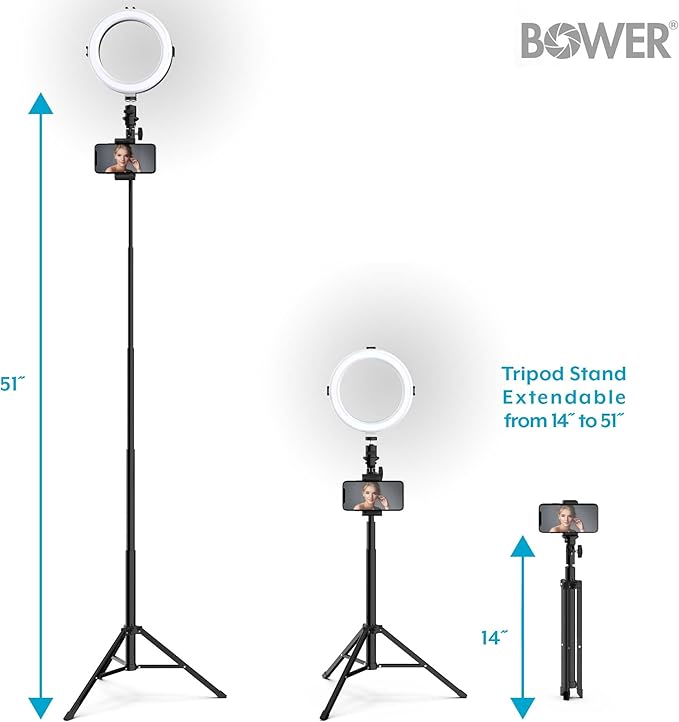 Bower 8" Selfie Ring Light Studio with Adjustable Tripod and Phone Holder  Professional Photo and Video Lighting Kit for Vlogging, Streaming, and Social Media Content Creation