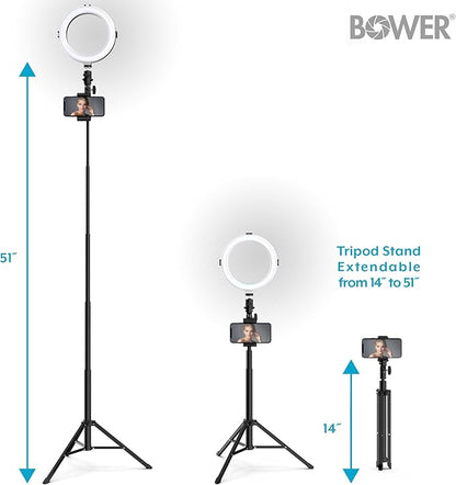 Bower 8" Selfie Ring Light Studio with Adjustable Tripod and Phone Holder  Professional Photo and Video Lighting Kit for Vlogging, Streaming, and Social Media Content Creation