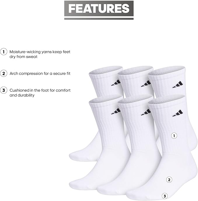 adidas Men's Athletic Cushioned 6-Pack Crew, Cushioned Crew Socks with Arch Compression for a Secure Fit