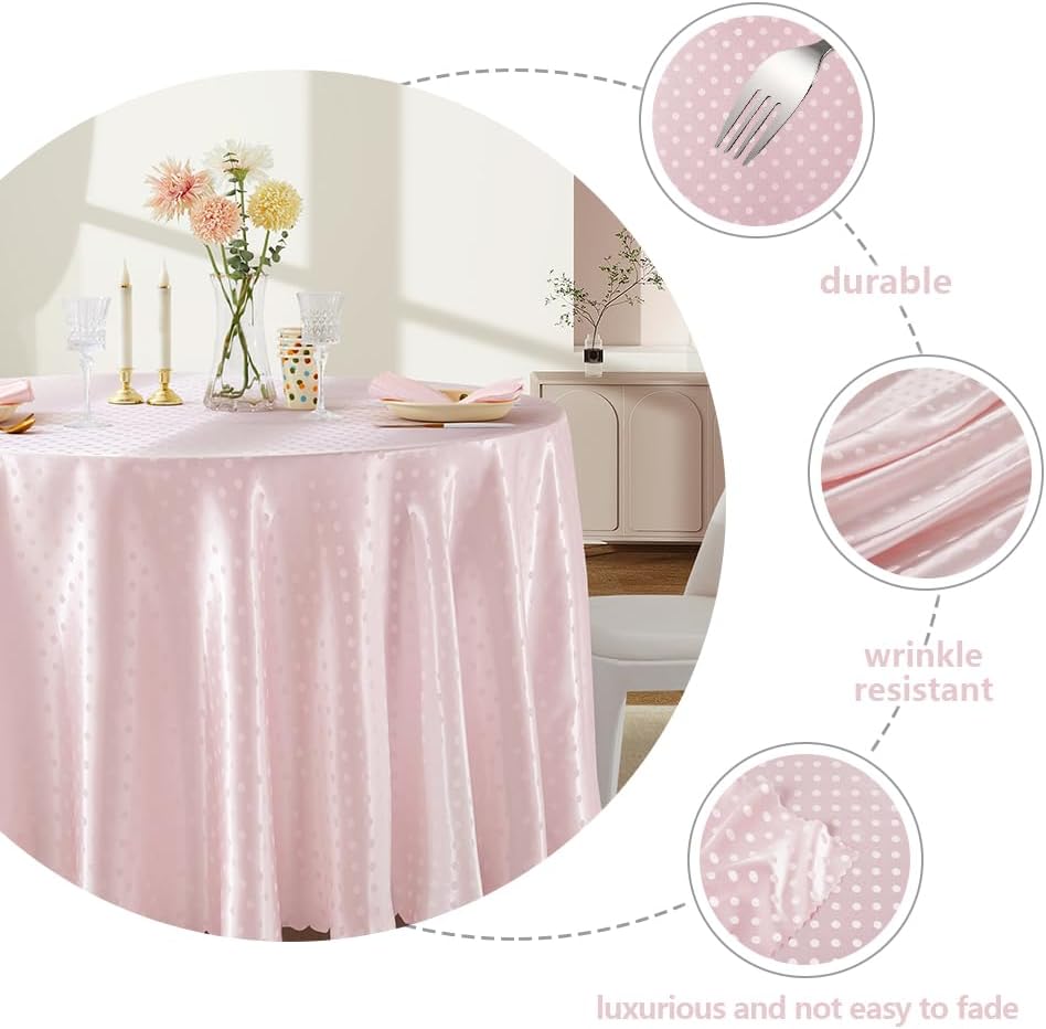 Blush Pink Polka Dot Satin Round Table Cloth 90 x 90 Inches,Blush Pink Round Tablecloth for Party Stain Resistant Wrinkle Free Silkly Soft Table Cloths for Dining Room, Indoor and Outdoor Use