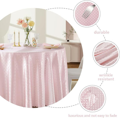 Blush Pink Polka Dot Satin Round Table Cloth 90 x 90 Inches,Blush Pink Round Tablecloth for Party Stain Resistant Wrinkle Free Silkly Soft Table Cloths for Dining Room, Indoor and Outdoor Use