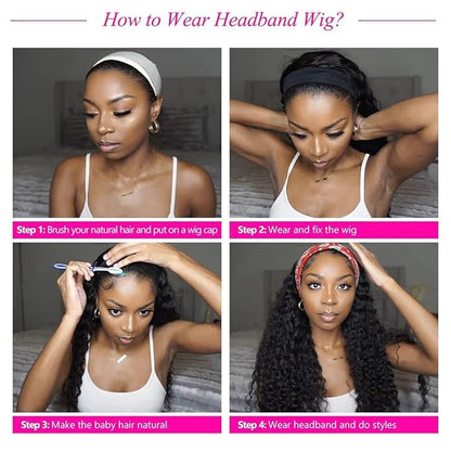 Deep Wave Headband Wig Human Hair 12 Inch Curly Headband Wigs for Black Women Human Hair Glueless None Lace Front Wigs Brazilian Virgin Hair Wig Machine Made 150 Density Natural Black Color