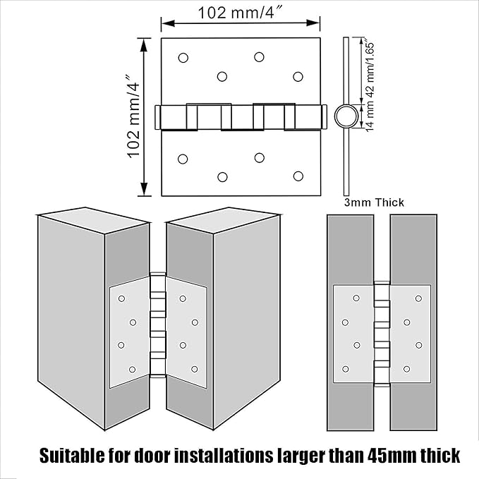 UHPPOTE Stainless Steel Door Hinges 4inches x 4inches with Soft Close Ball Bearing - Squared Conners - Brushed Finish (Pack of 2)