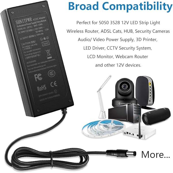 SHNITPWR 12V 5A 60W Power Supply Adapter AC DC Converter 100V240V to 12 Volt 5 Amp Transformer 5.5x2.5mm Plug for 5050 3528 LED Strip Light 3D Printer LED Driver CCTV Security System LCD Monitor