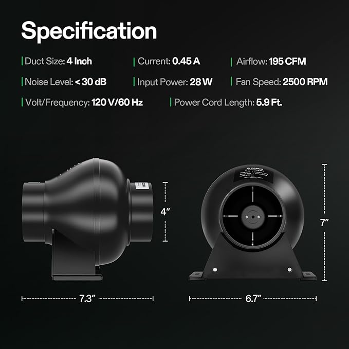 VIVOSUN D4 4 Inch 195 CFM Inline Duct Ventilation Fan HVAC Vent Blower for Hydroponics Grow Tent