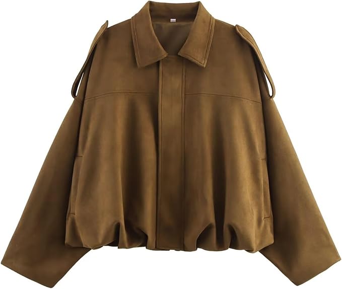 Xunger Women's Faux Suede Bomber Jacket Spring Lapel Pilot Coat Casual Oversized Long Sleeves Trendy Streetwear Outerwear